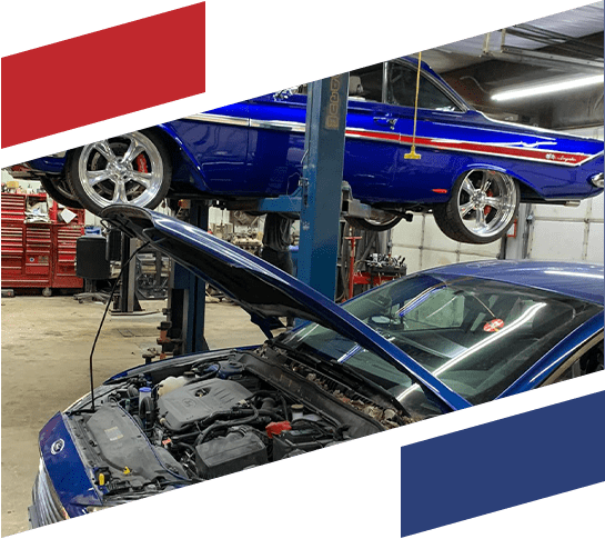 Blue vehicles under engine repair